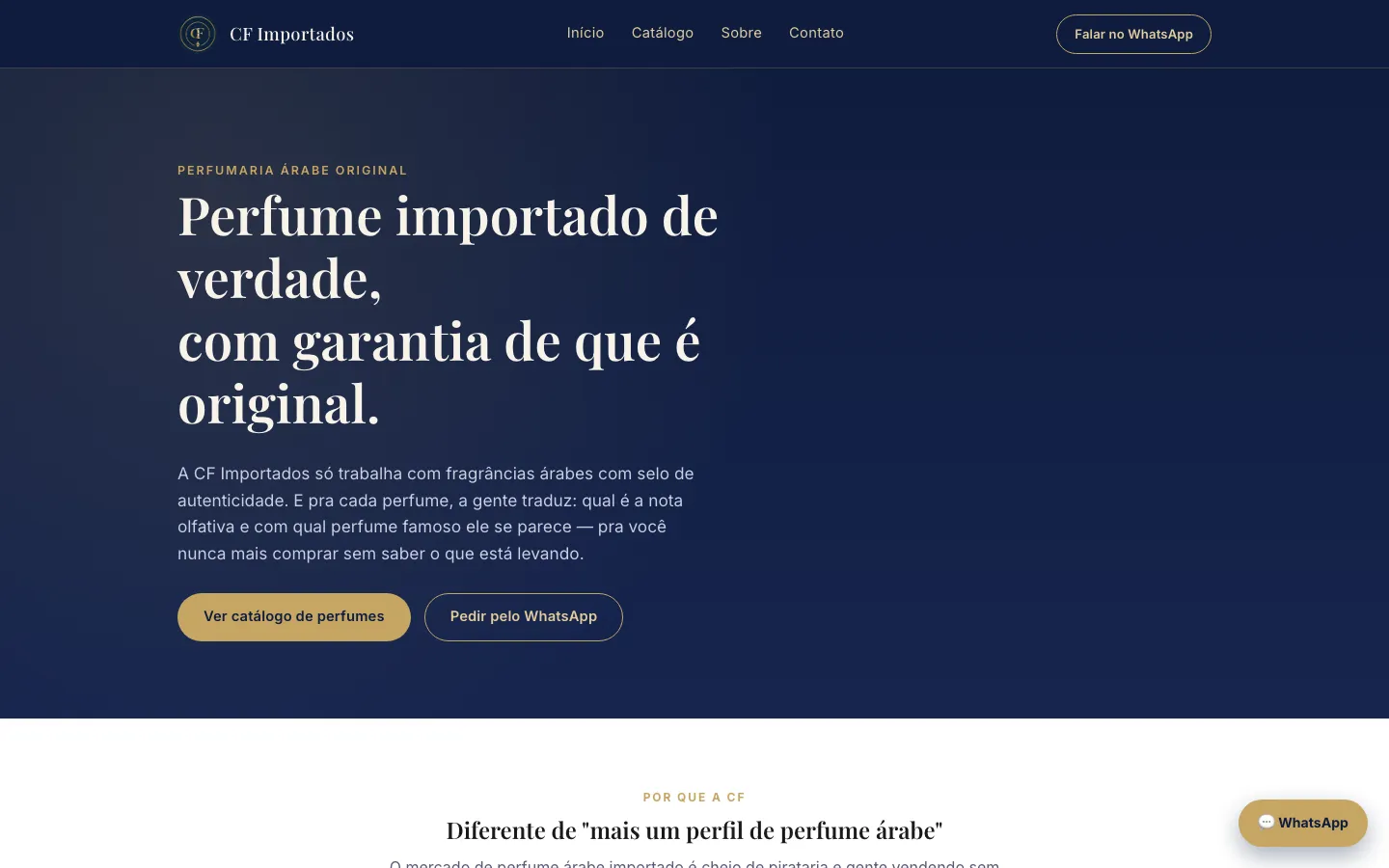 Homepage da CF Importados, com fundo navy e headline sobre autenticidade de perfumes árabes importados