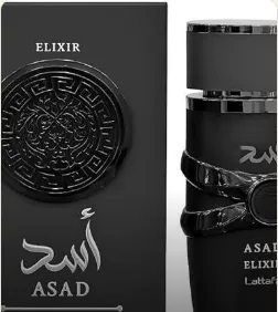 Ficha de produto real do catálogo, perfume Asad Elixir com embalagem preta