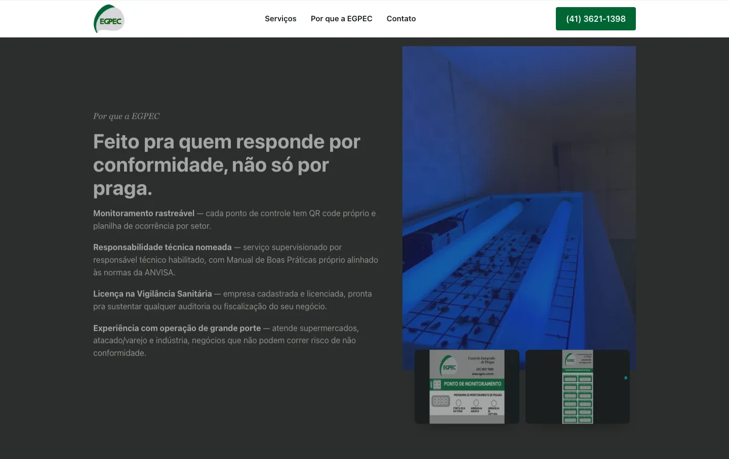 Seção de diferenciais técnicos do site, com foto real de armadilha UV e cartões de rastreabilidade