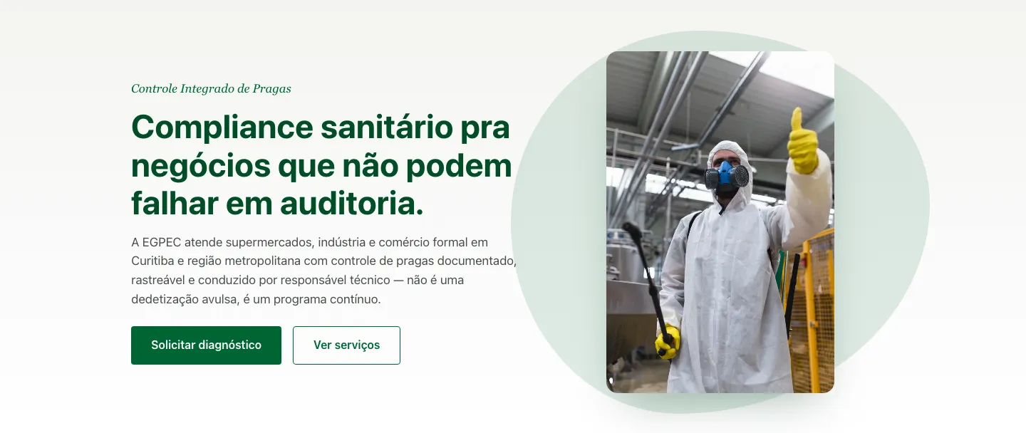 Home do site institucional da EGPEC, com hero e chamada de compliance sanitário