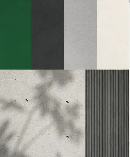 Paleta institucional da EGPEC: verde de marca, carvão, cinza e off-white, com texturas de concreto e madeira