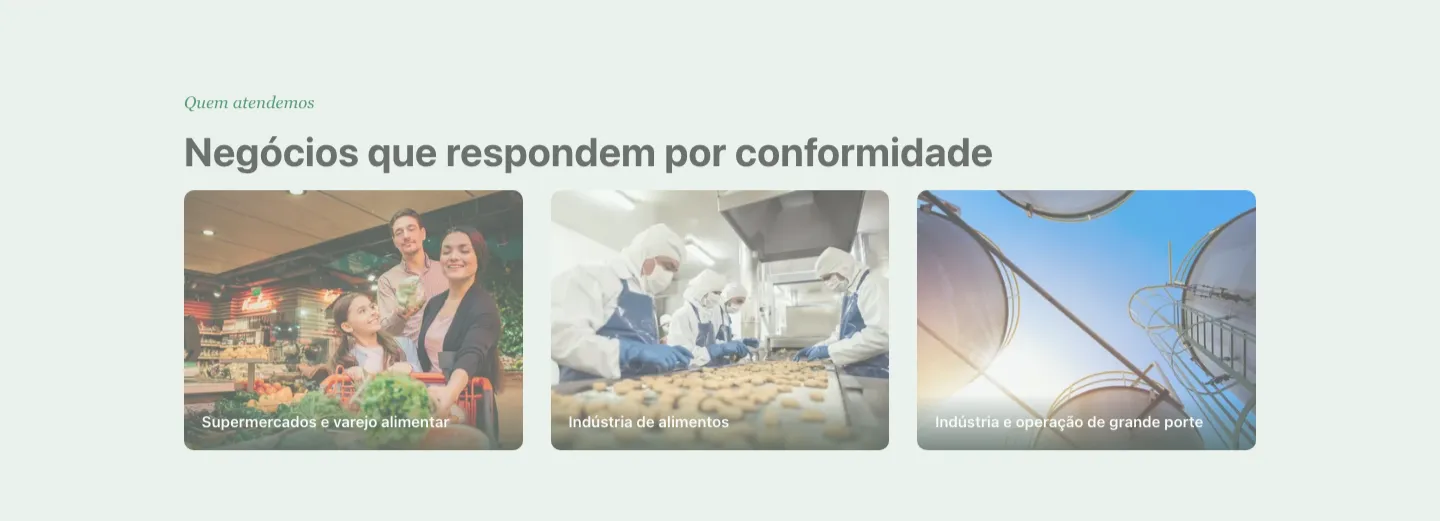 Seção do site mostrando os segmentos atendidos pela EGPEC: supermercados, indústria de alimentos e operações de grande porte