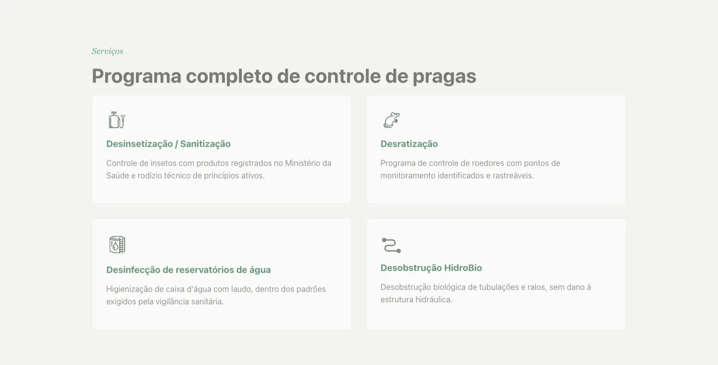 Seção de serviços do site: desinsetização, desratização, desinfecção de reservatórios e desobstrução HidroBio